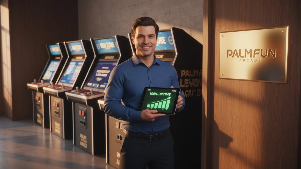 An illustration symbolizing arcade business success and partnership with the PALM FUN brand