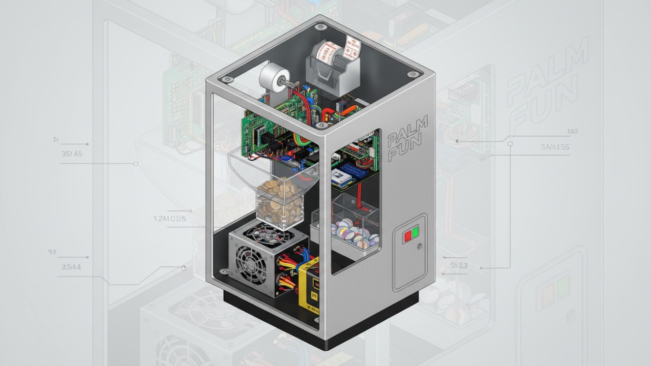 An isometric cutaway illustration showing the internal mechanics and high-quality materials of a PALM FUN redemption machine.