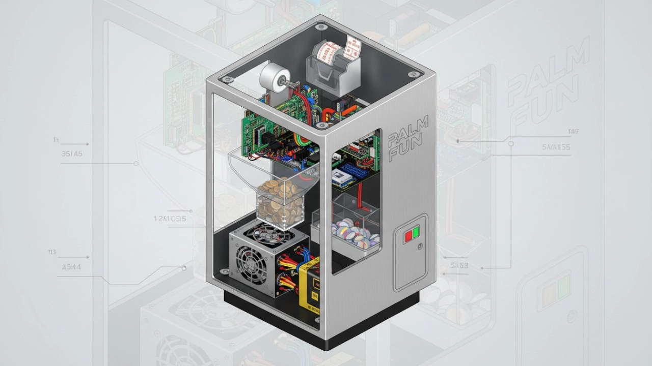 An isometric cutaway illustration showing the internal mechanics and high-quality materials of a PALM FUN redemption machine.