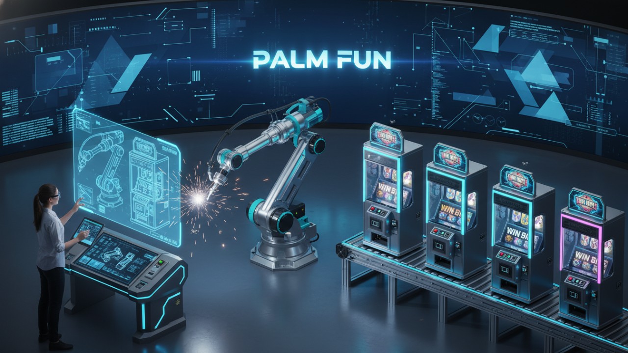 An isometric illustration showing the full production cycle of an arcade machine from design to assembly with the PALM FUN brand name visible.