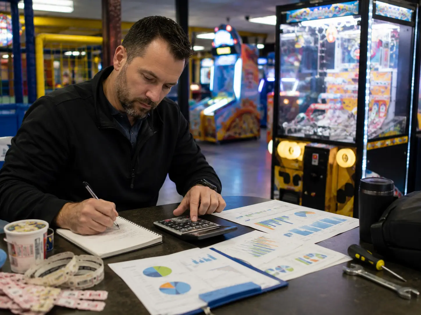 Arcade operator calculating redemption arcade machine ROI using revenue reports, tickets, and operating cost data