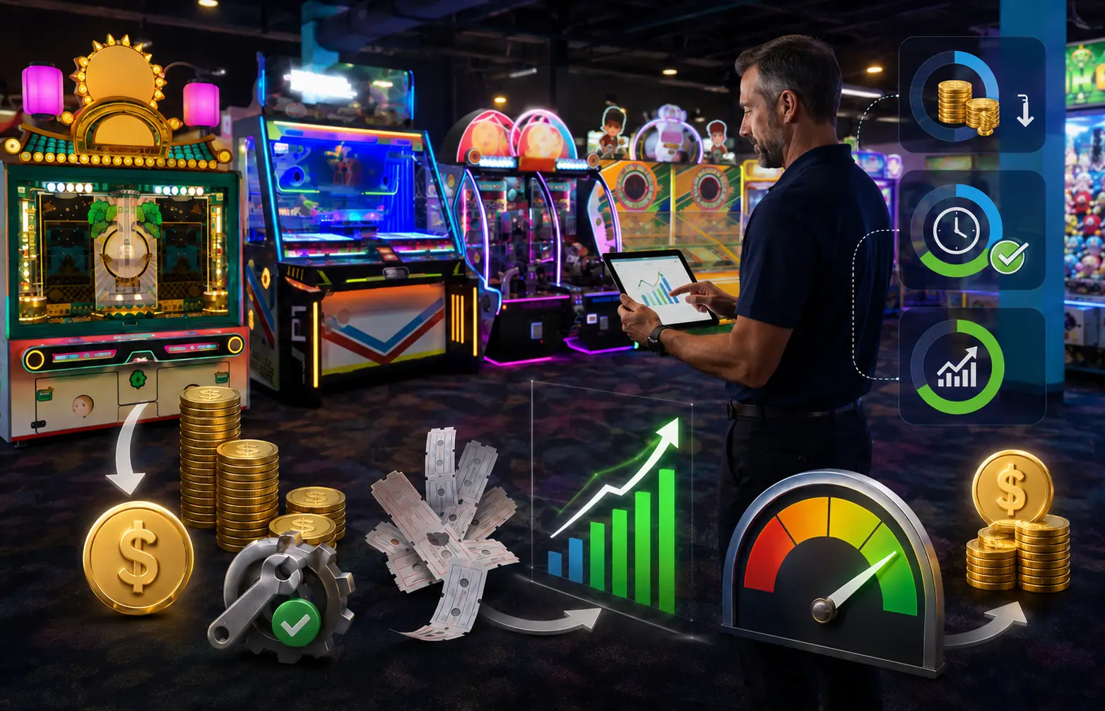Arcade operator evaluating redemption arcade machine ROI, operating costs, uptime, and revenue performance