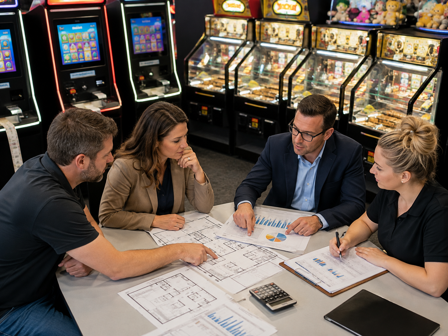 B2B arcade buyers comparing ticket redemption and coin pusher machine options in a decision matrix
