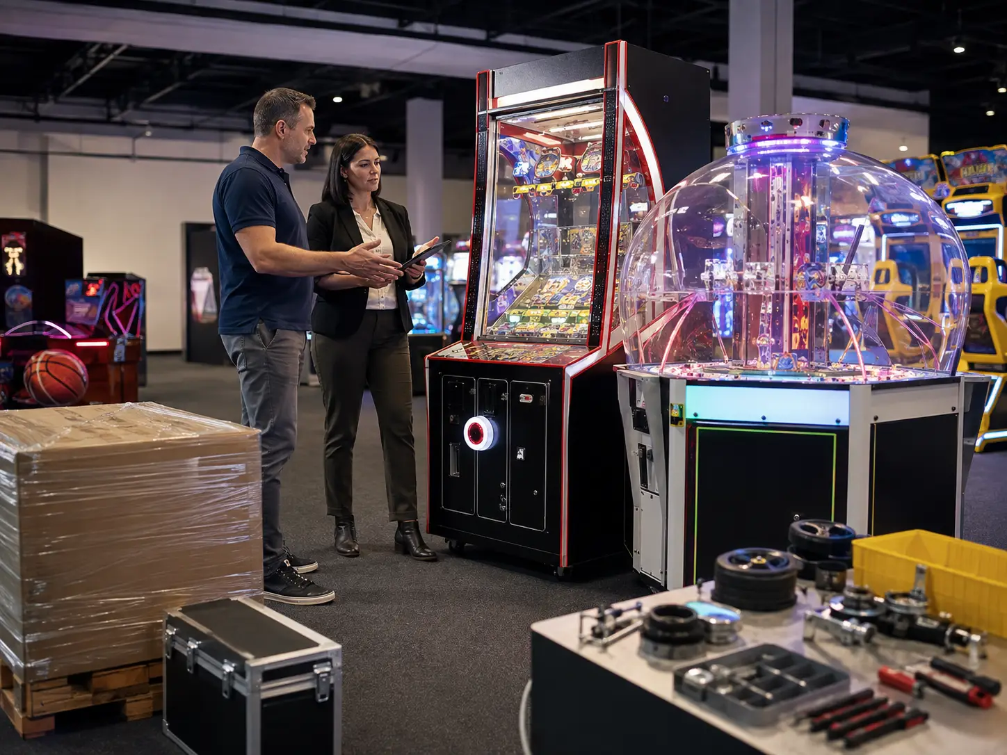B2B buyers inspecting redemption arcade machines, packaging, spare parts, and maintenance requirements that affect cost