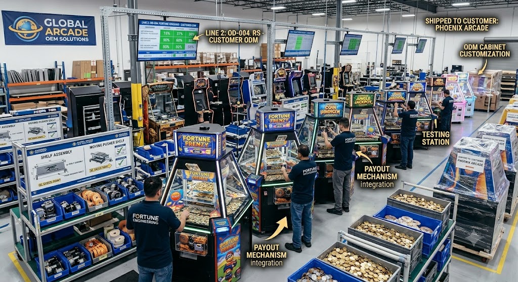 Coin pusher machine manufacturer assembly line for OEM and ODM arcade machine production