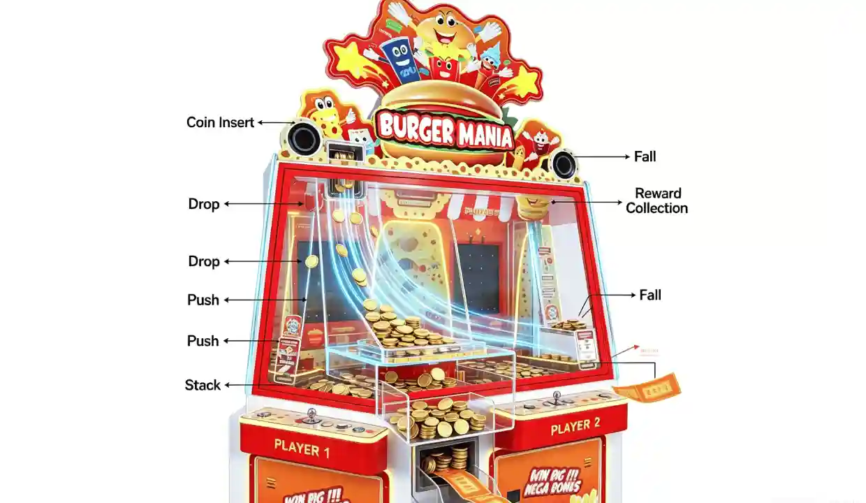 Coin pusher machine working principle illustration showing coin drop, push, stack, fall, and reward process in a modern arcade redemption machine