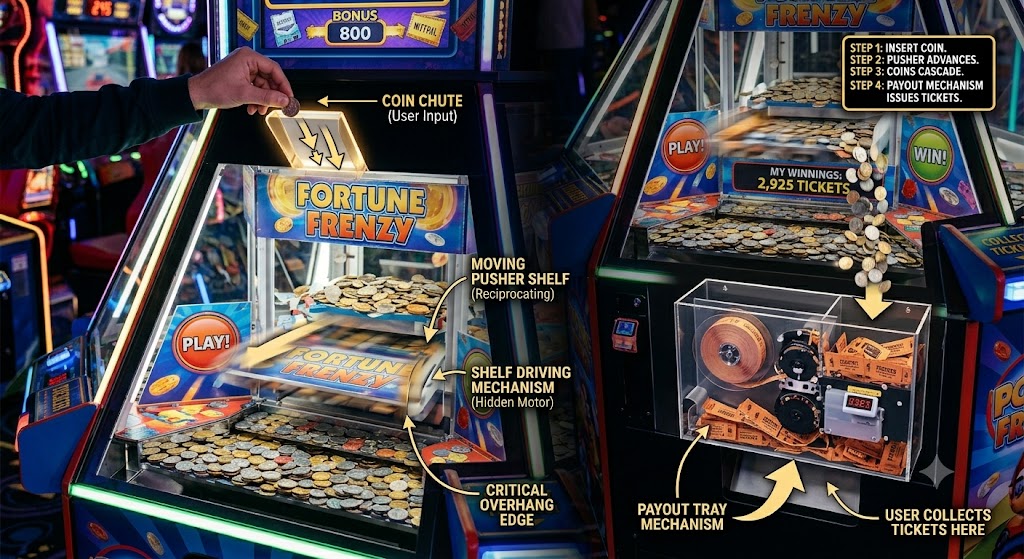 Coin pusher machine working principle showing coin chute moving pusher shelf and payout tray mechanism