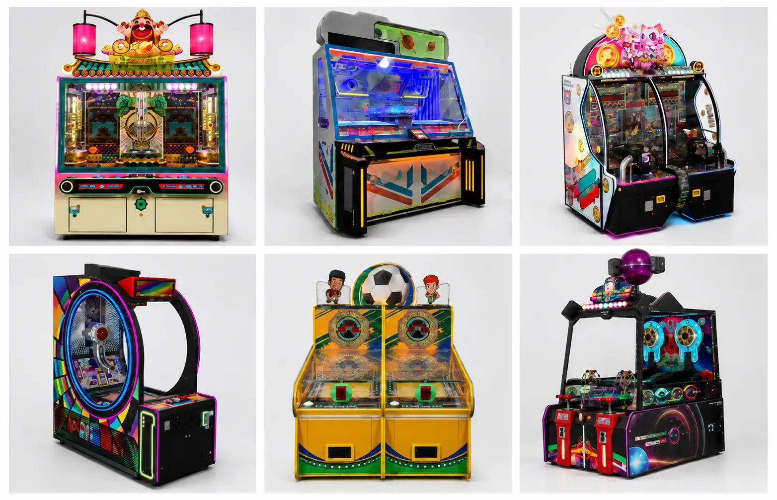 Comparison of coin pusher, ball game, pinball-style, hybrid, and multiplayer redemption arcade machines
