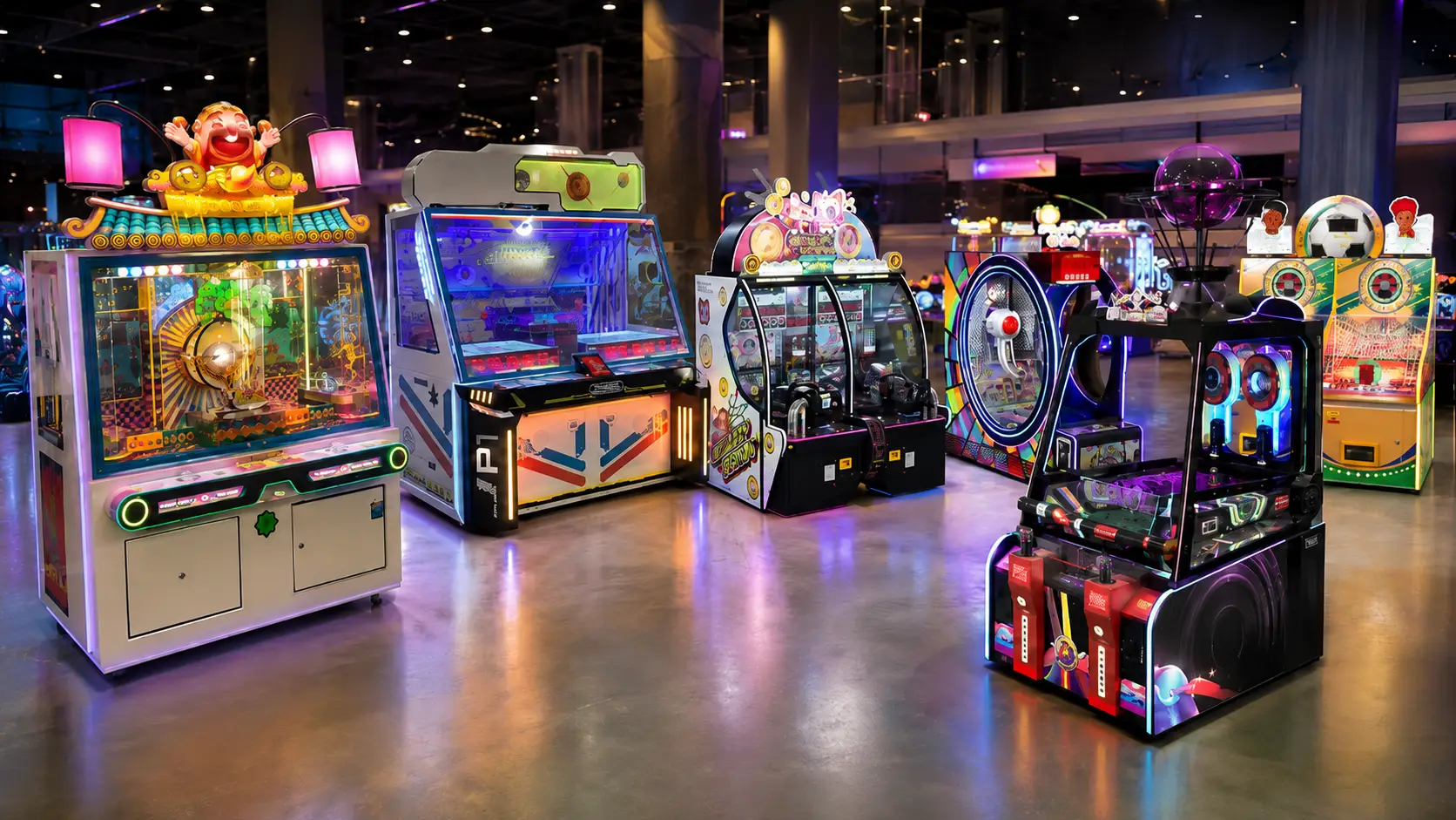 Different types of commercial redemption arcade machines in a modern FEC arcade