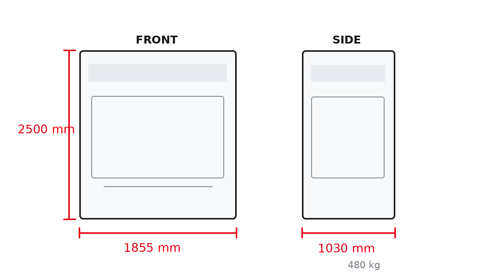 Dream Wonderland cabinet dimensions front and side planning diagram 1855 by 1030 by 2500 millimeters