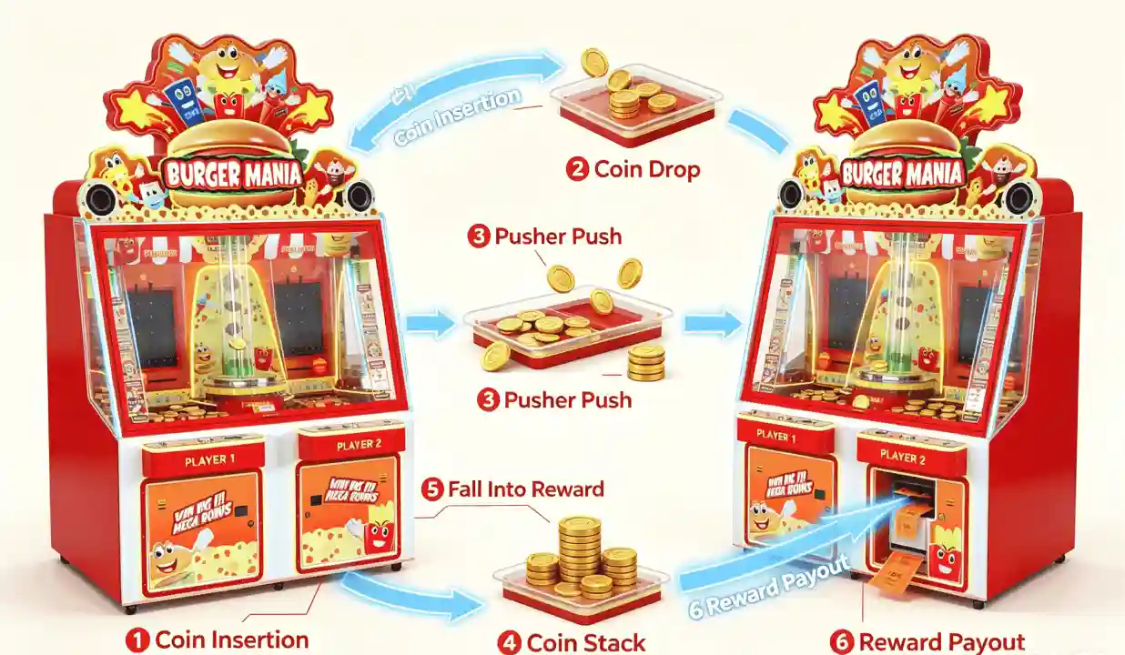 How a coin pusher machine works step-by-step gameplay loop from coin insertion to reward payout
