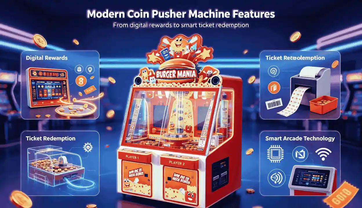 Modern coin pusher machine features including digital rewards, ticket redemption, and smart arcade technology