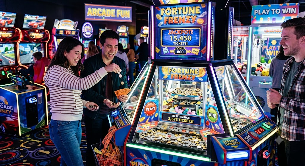 Modern coin pusher machine in arcade entertainment center with players enjoying redemption gameplay