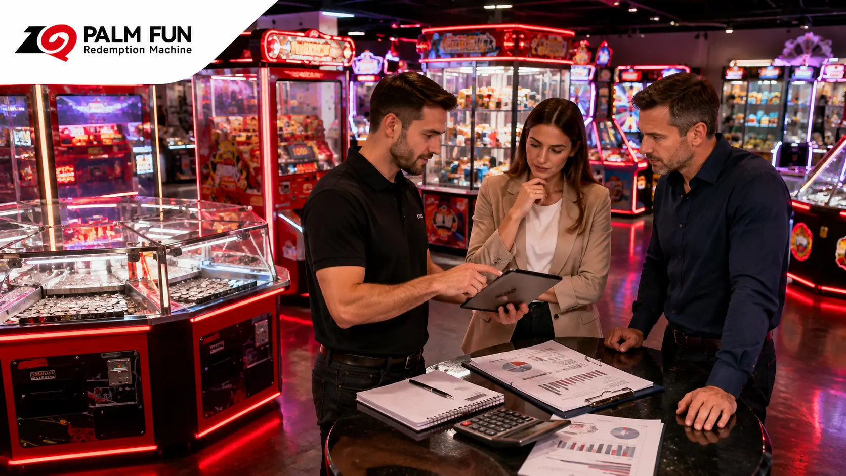 PALM FUN professionals reviewing redemption arcade machine cost, configuration, and ROI in a commercial arcade