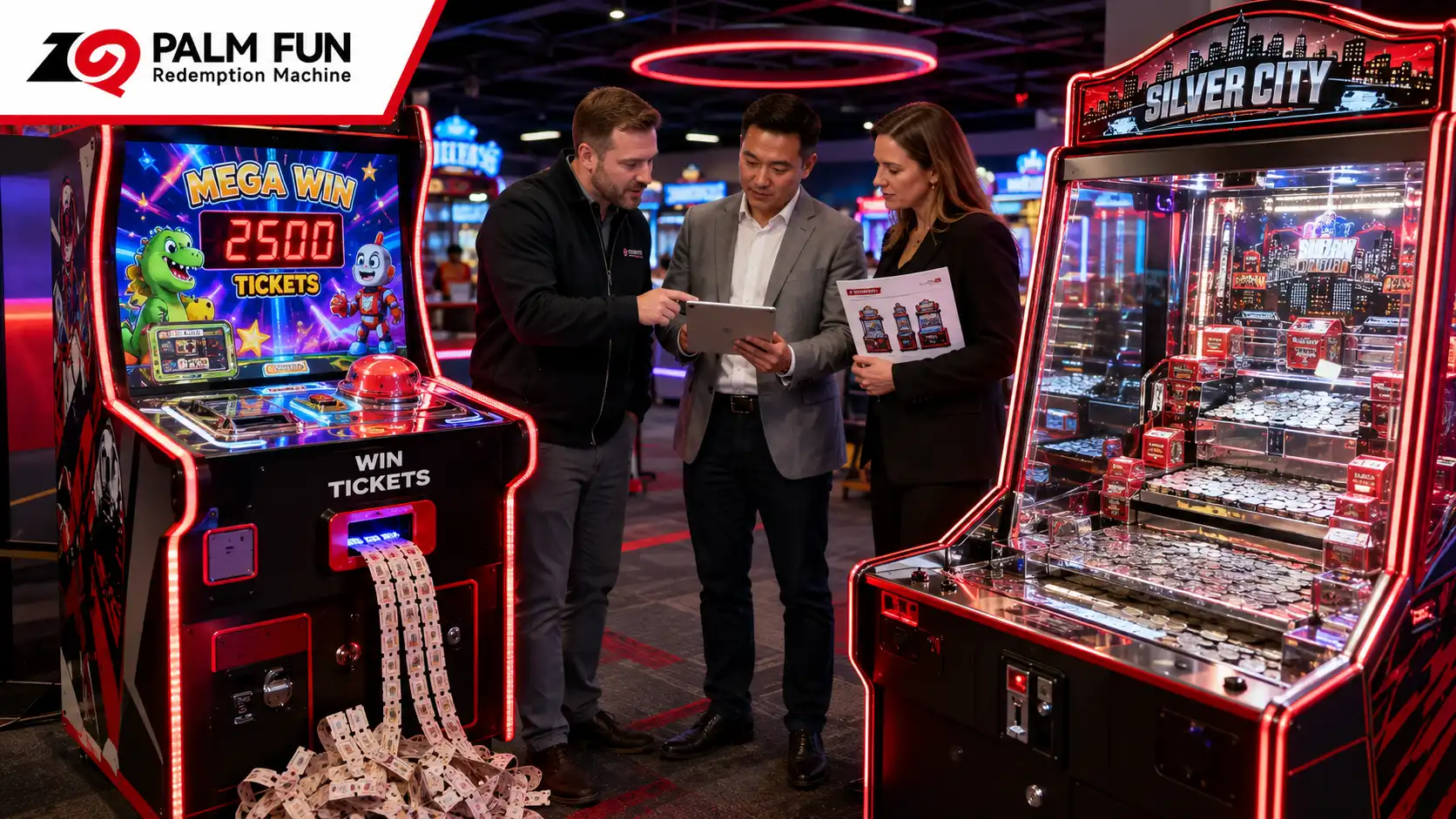 PALM FUN team comparing ticket redemption arcade machine and coin pusher machine for commercial buyers