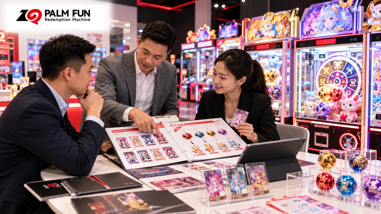 Illustrative PALM FUN arcade operator meeting about Dream Wonderland character cards and bonus rewards, with the original PALM FUN Redemption Machine logo in the top left