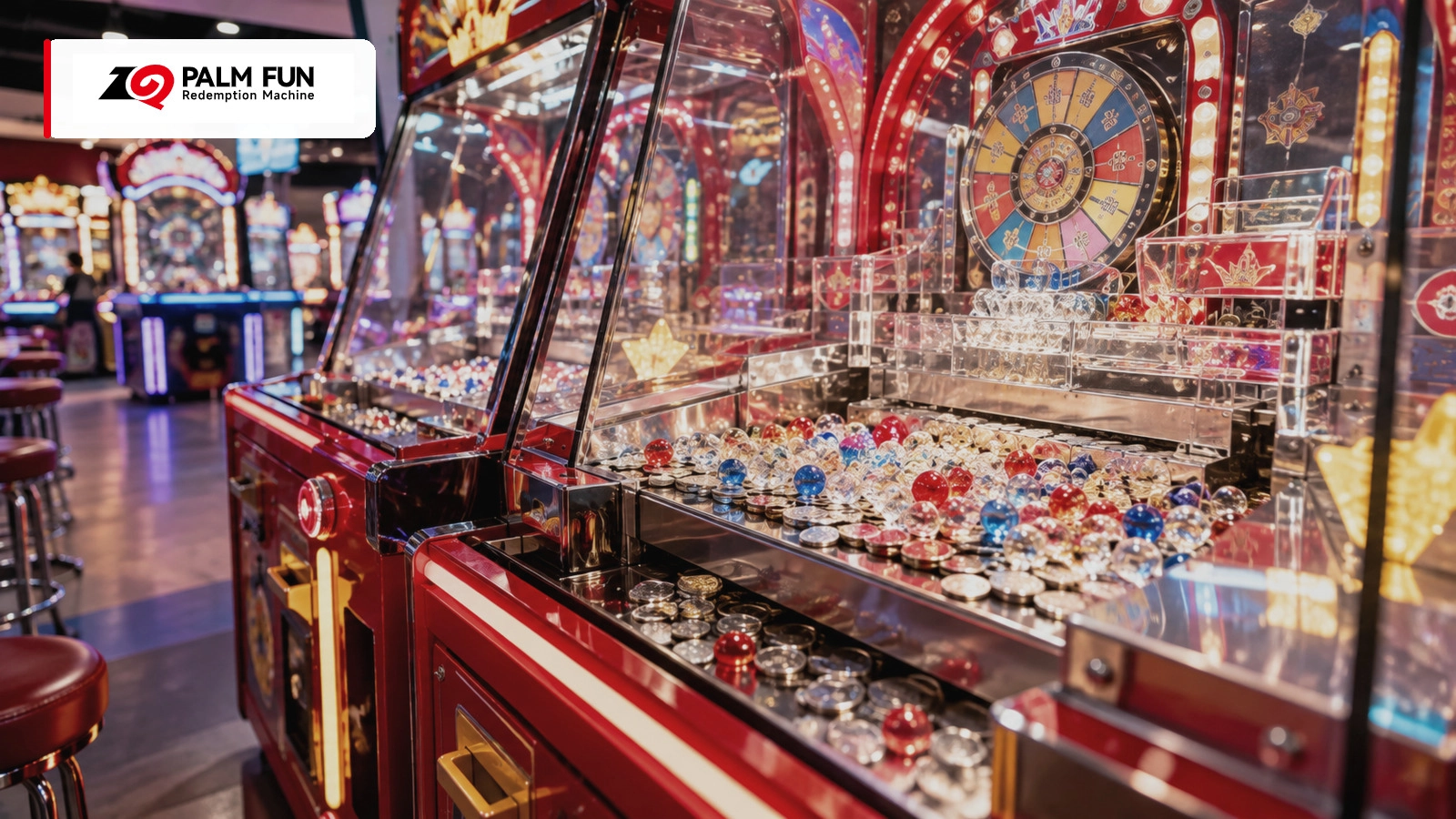 Illustrative commercial marble pusher arcade setting with the original PALM FUN Redemption Machine logo