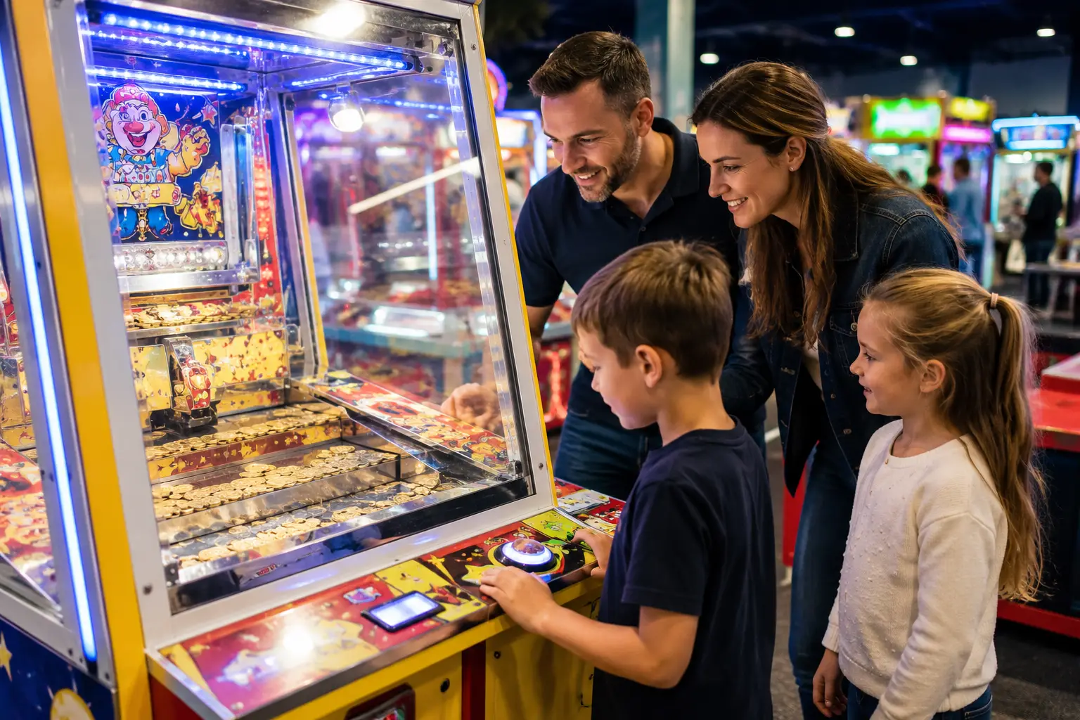 Family playing a redemption arcade machine in an arcade, showing venue fit and player appeal for FEC operators