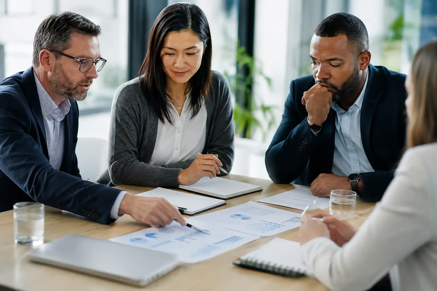 Business team reviewing supplier evaluation documents for a redemption arcade machine purchase