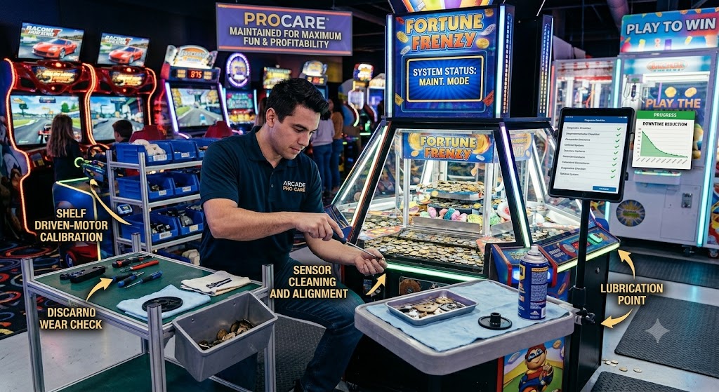 Technician performing coin pusher machine maintenance to improve arcade machine uptime and profitability