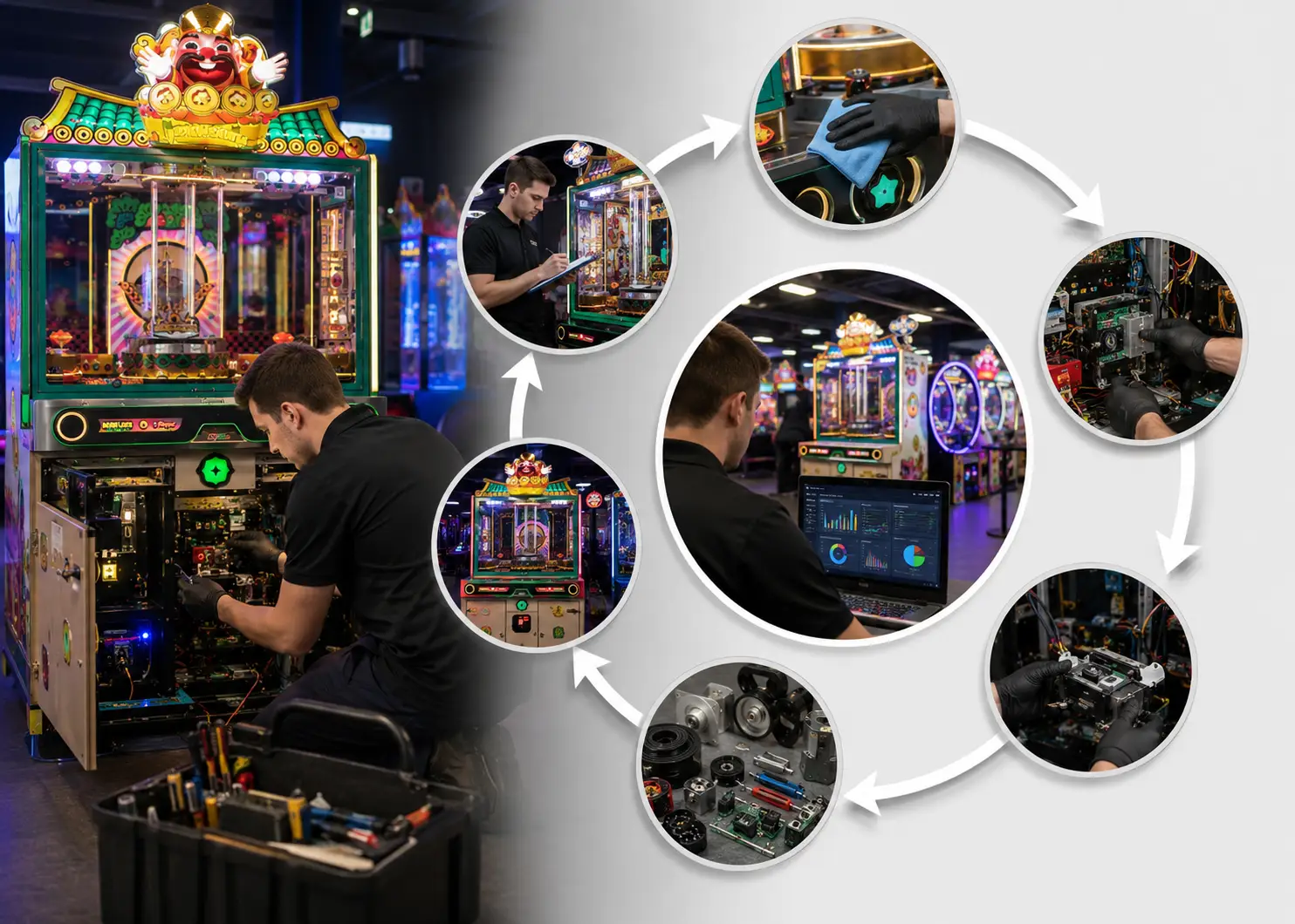 Technician performing preventive maintenance and lifecycle management for commercial redemption arcade machines