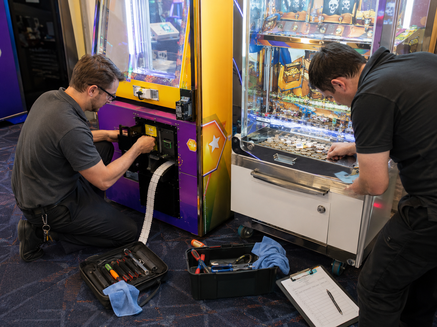 Ticket redemption arcade machine and coin pusher machine operation and maintenance comparison