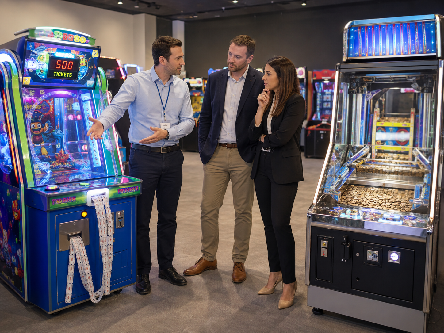 Ticket redemption arcade machine vs coin pusher machine comparison for B2B arcade and FEC buyers