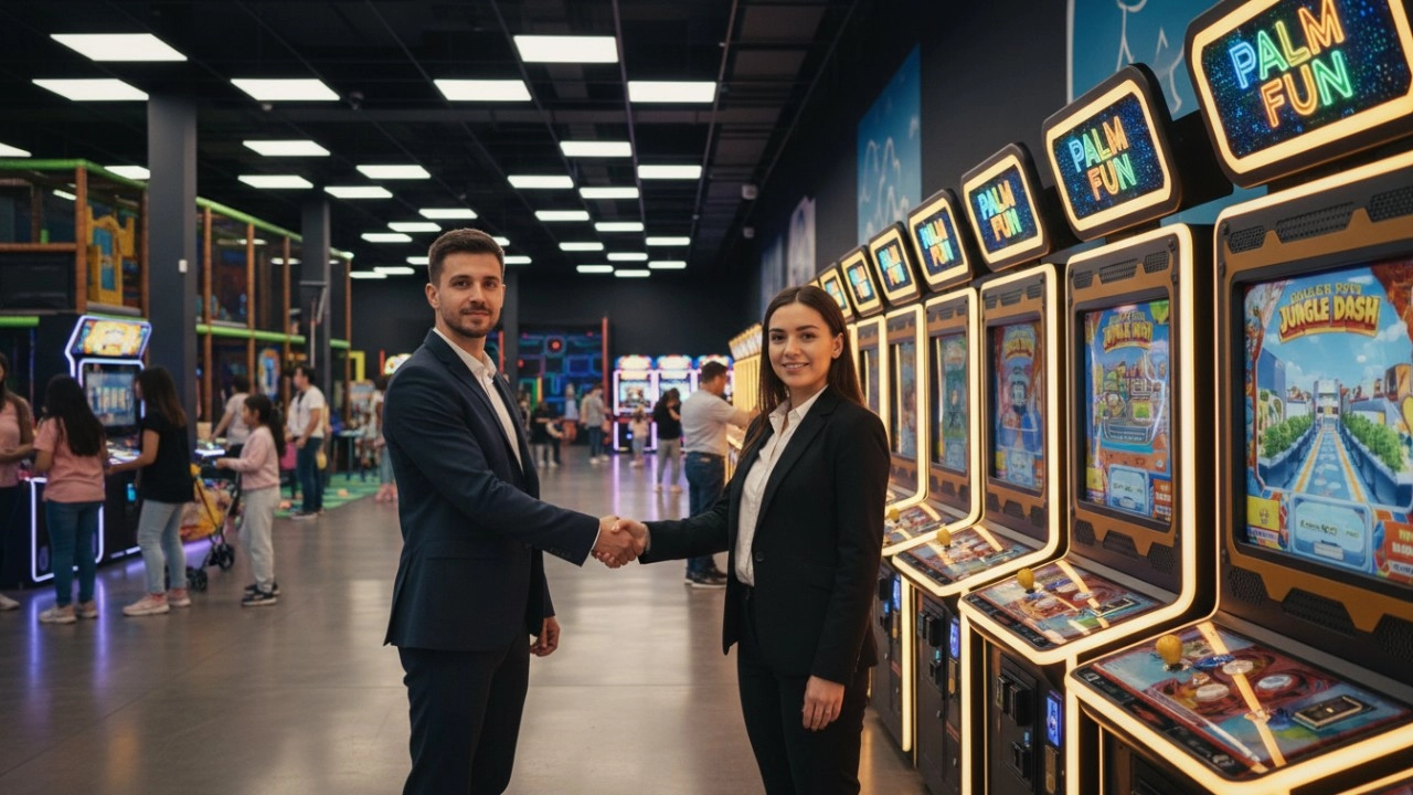 Dois profissionais apertando as mãos em um fliperama moderno repleto de jogos de prêmios da marca PALM FUN.