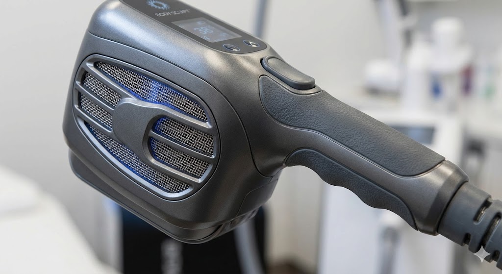 A technical close-up of the machine's applicator handle