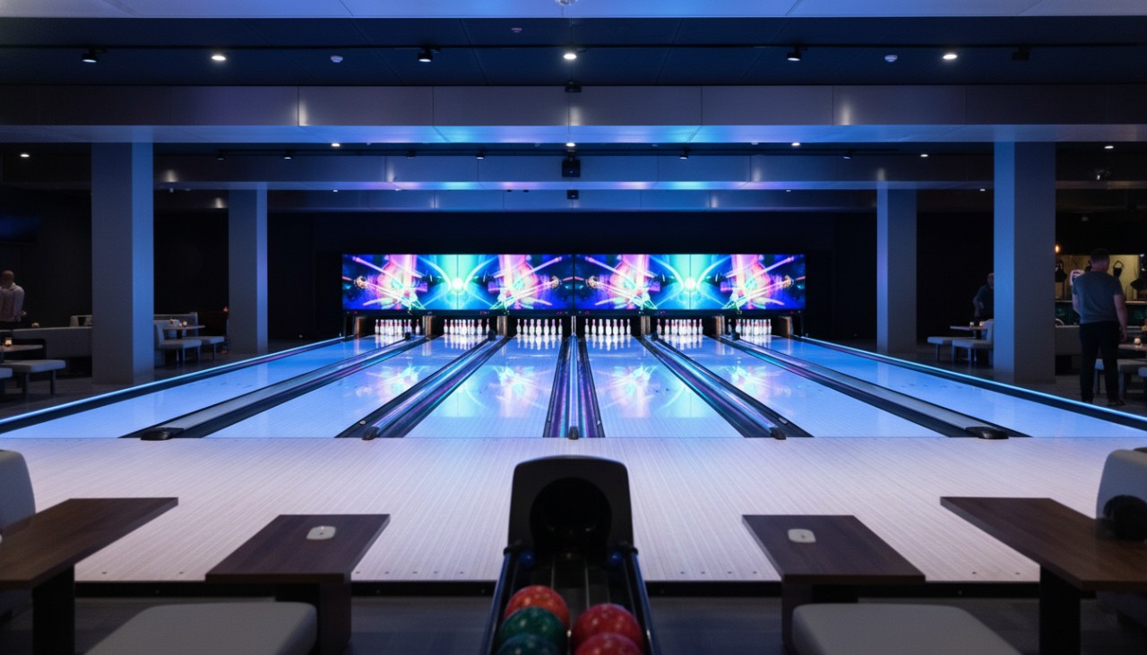 3D rendering of a modern bowling alley installation 3D rendering of a modern bowling alley installation