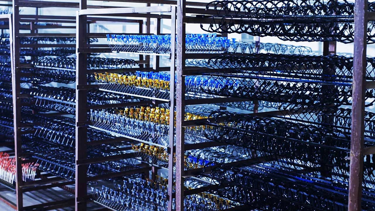 Racks of coated metal components in various colors, likely drying in a factory setting. - KARUSON