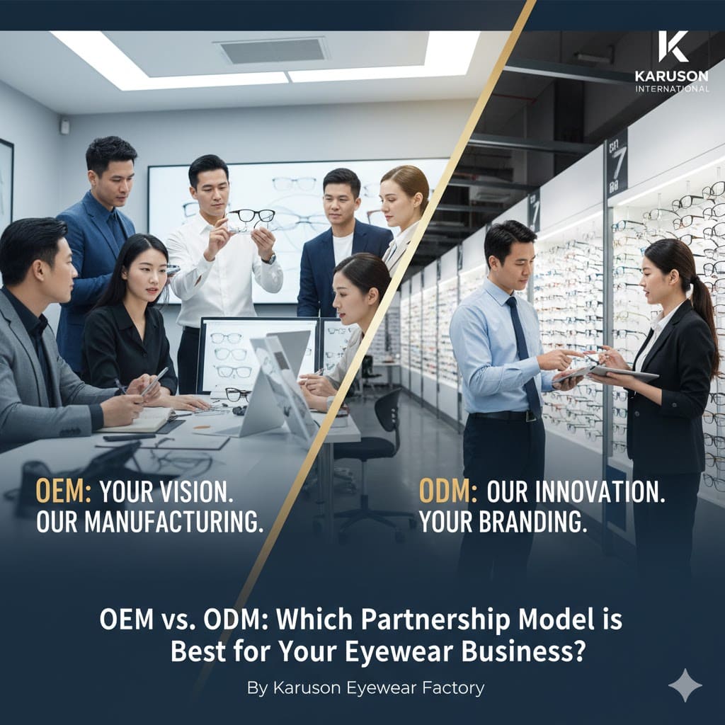 Eyewear factory illustrating OEM and ODM partnership models with team meetings and product display.