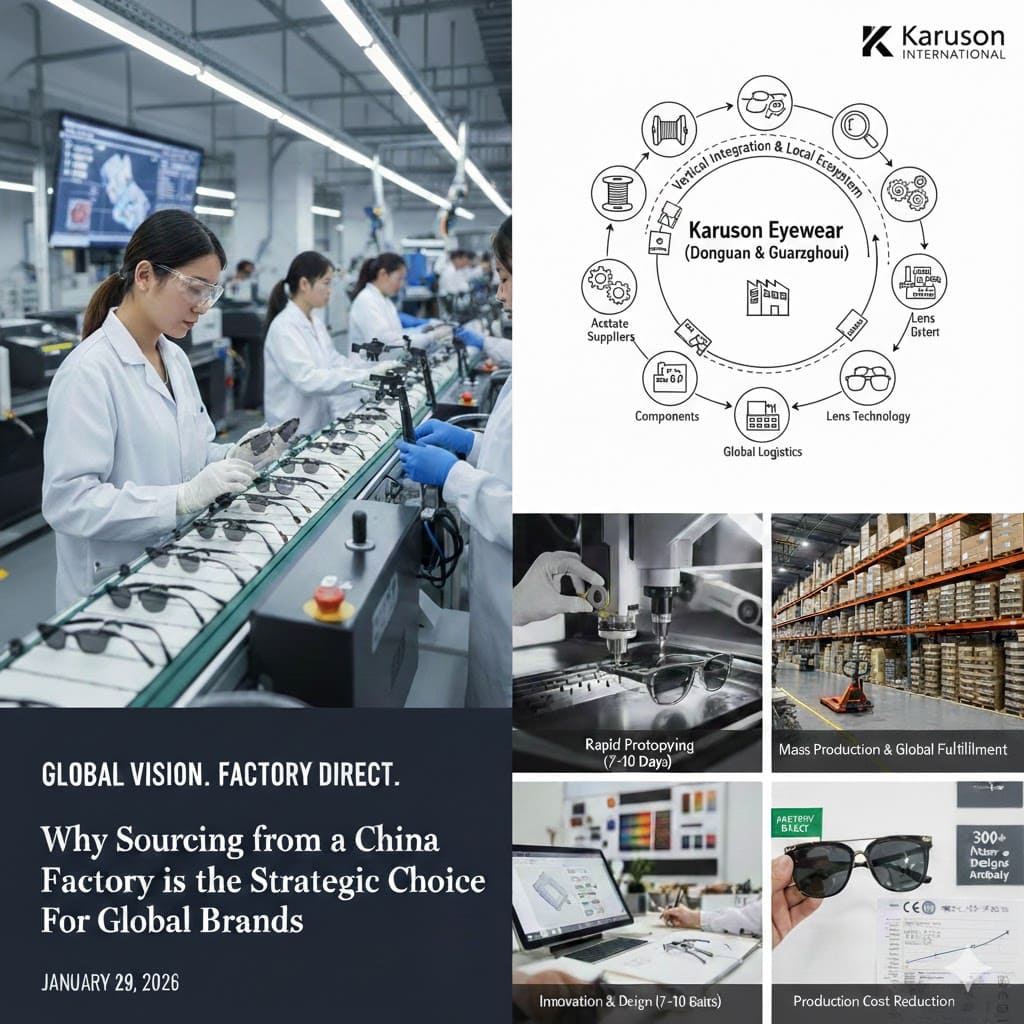 Collage illustrating Karuson Eyewear's China-based manufacturing process, from design and prototyping to mass production and global logistics.
