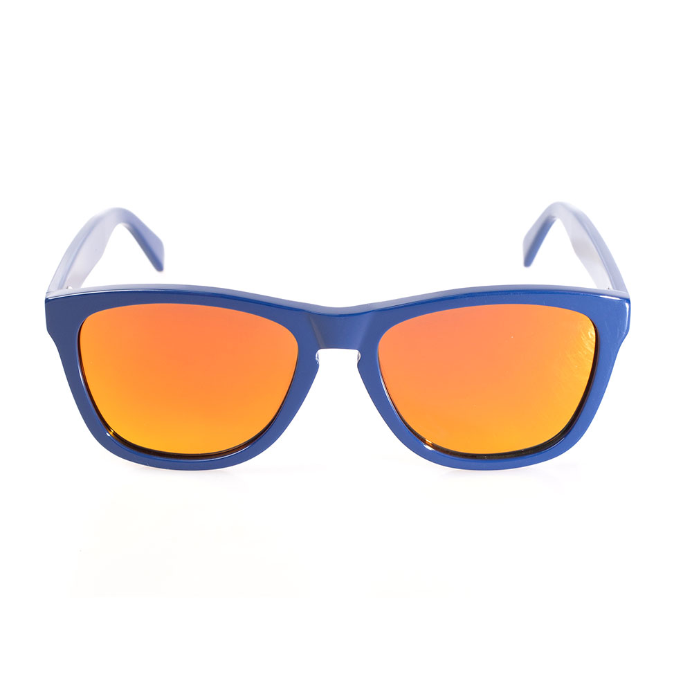 Blue-framed sunglasses with orange lenses.