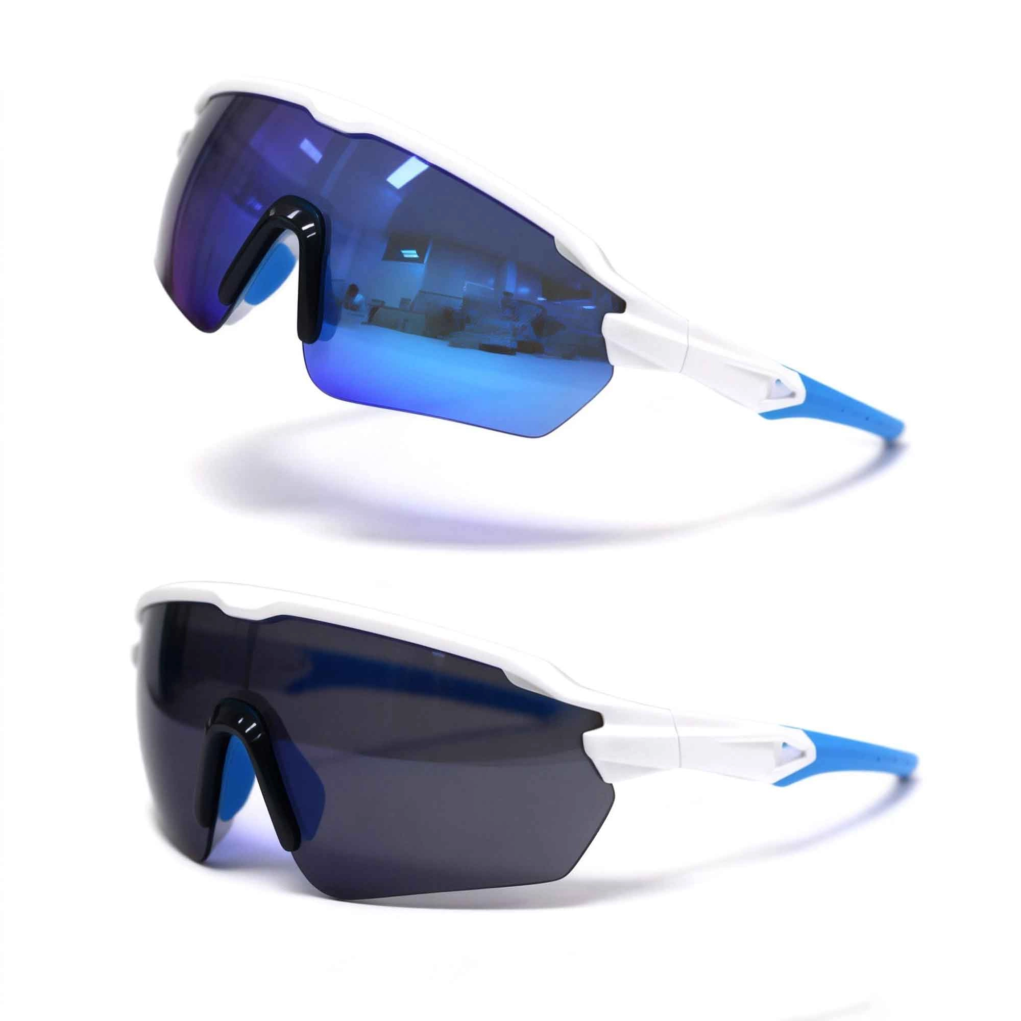 Two pairs of sports sunglasses with white frames and blue accents, one with blue lenses and the other with dark lenses. - KARUSON
