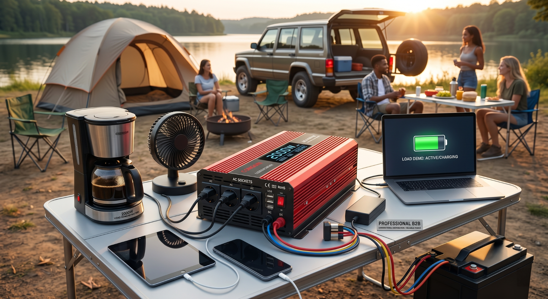 2000W modified sine wave inverter powering multiple appliances