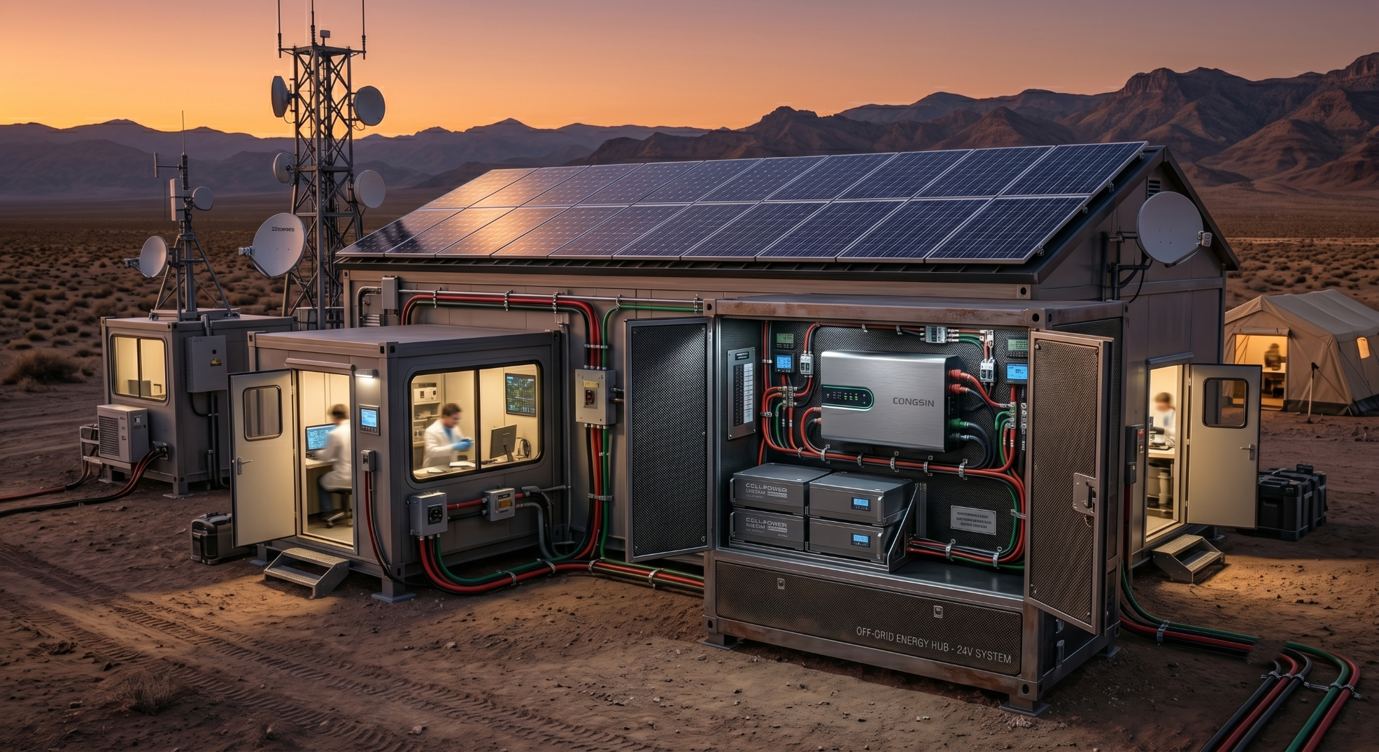 24v off grid solar inverter system powering a remote telecommunication base station at dusk