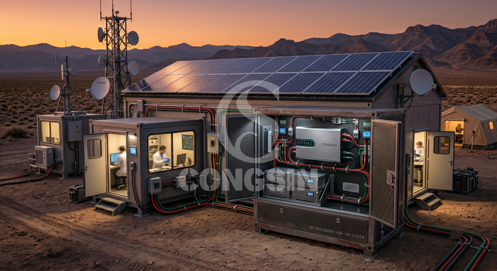 24v off grid solar inverter system powering a remote telecommunication base station at dusk 24v off grid solar inverter system powering a remote telecommunication base station at dusk