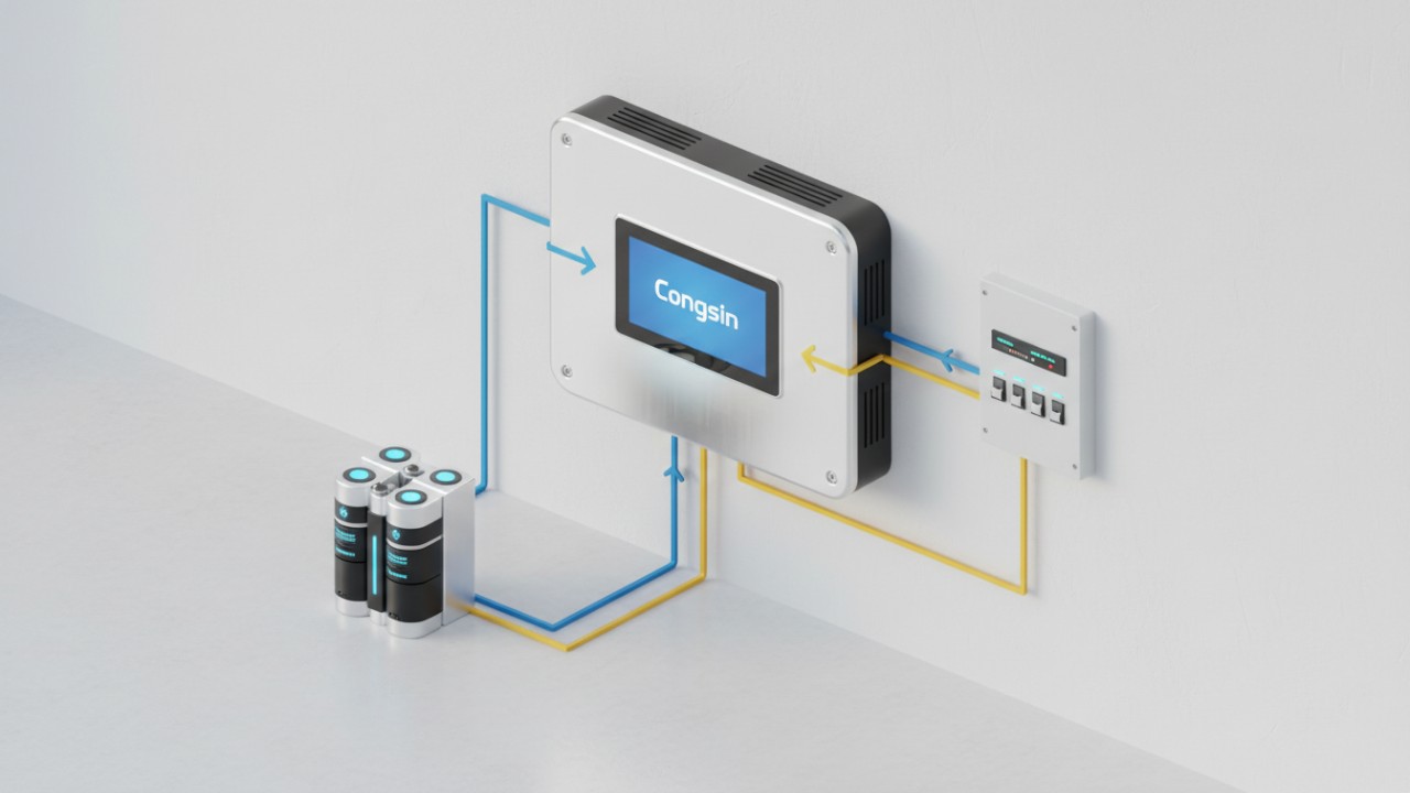 A 3D illustration of a Congsin bidirectional inverter showing two way energy flow between a battery and a home grid.