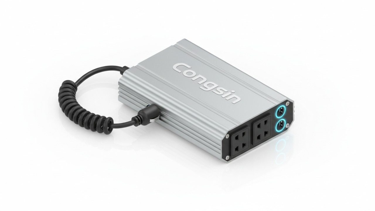 A 3D isometric view of a Congsin car power inverter with its brand name clearly visible on the metal casing.