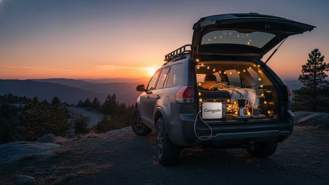 A cinematic sunset scene of a car using a Congsin inverter to power camping equipment at a mountain overlook