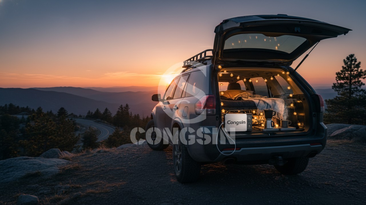 A cinematic sunset scene of a car using a Congsin inverter to power camping equipment at a mountain overlook A cinematic sunset scene of a car using a Congsin inverter to power camping equipment at a mountain overlook