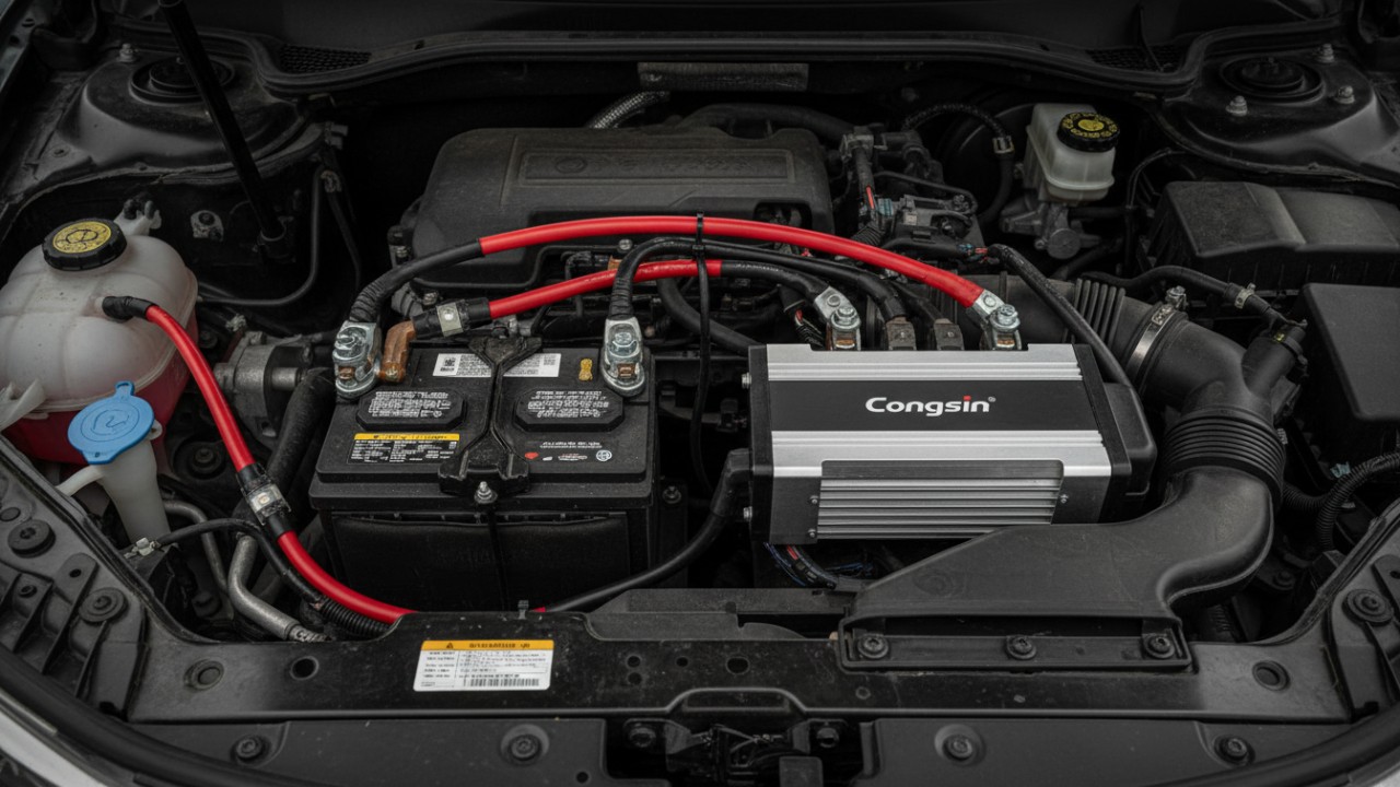 A close-up photograph showing the safe and professional wiring of a Congsin power inverter directly to a vehicle's battery terminals.