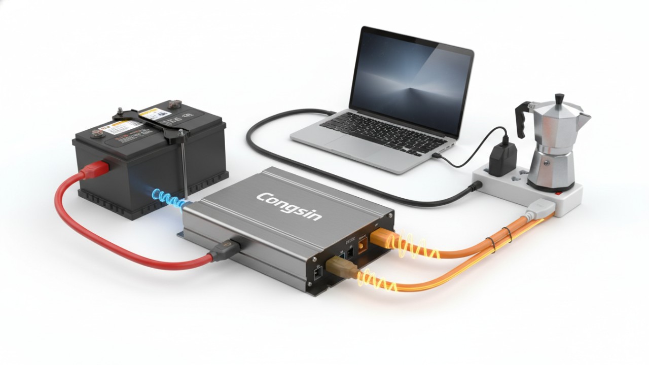 A conceptual illustration of a Congsin car battery inverter converting DC power to AC power to run a laptop and small appliance.