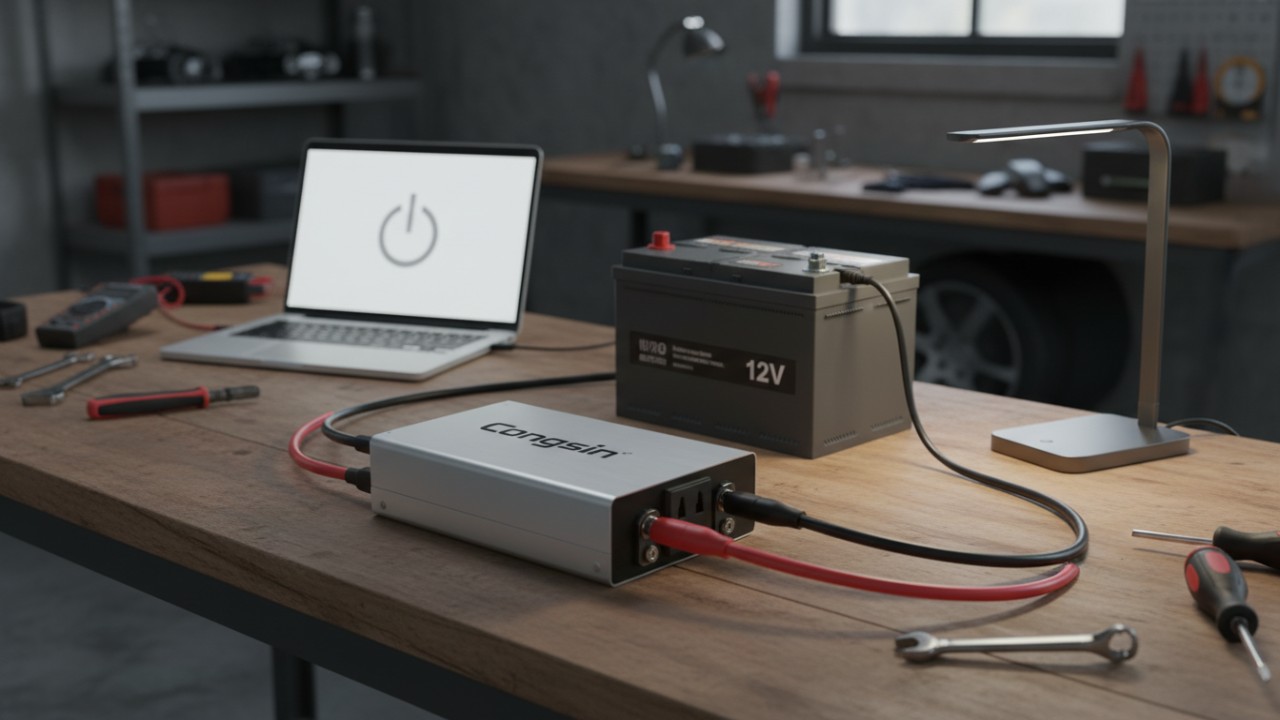 A Congsin brand power inverter safely connected to a car battery powering a laptop and lamp.