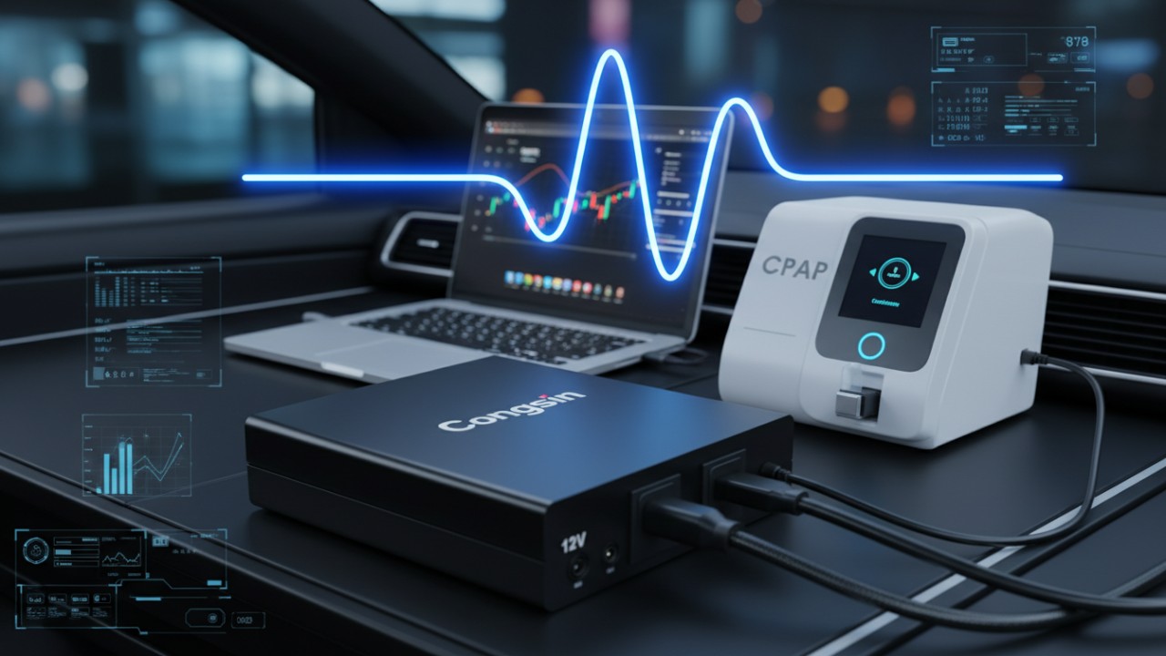 A Congsin brand pure sine wave inverter displaying a clean electrical waveform and powering sensitive electronic devices.