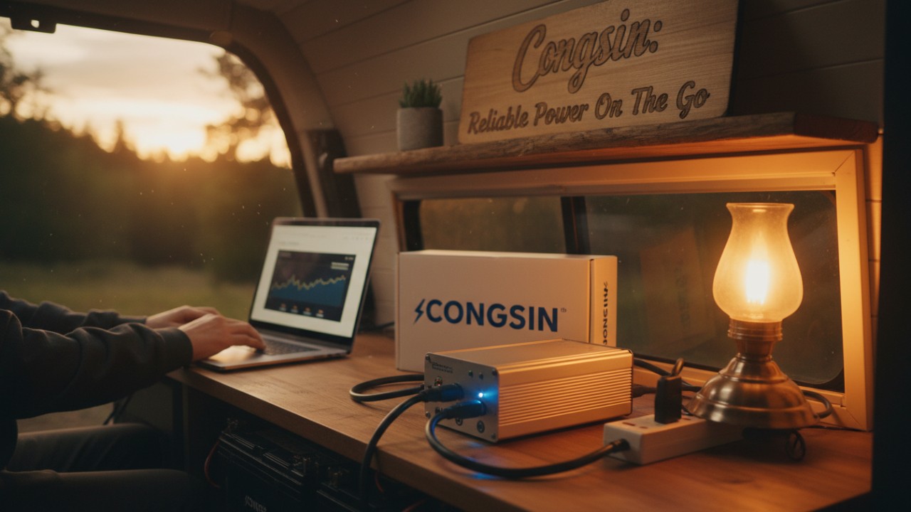 A finished DIY power inverter setup in a camper van with Congsin branding visible in the background.