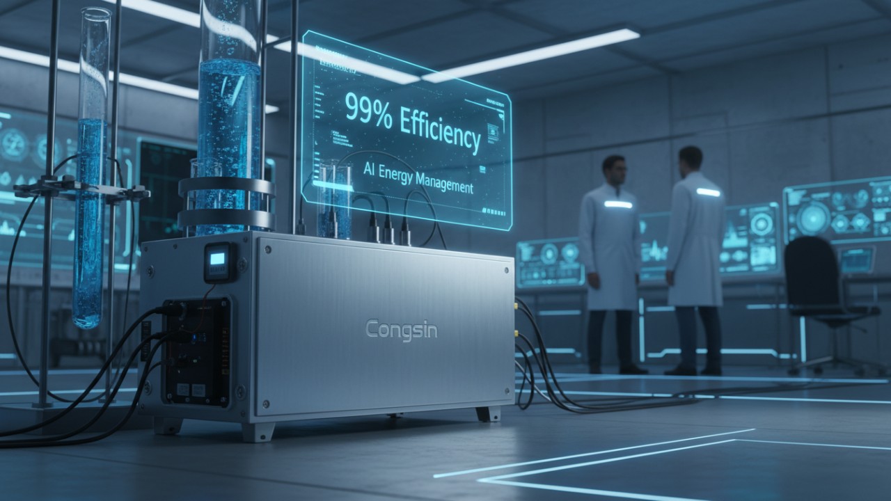 A futuristic Congsin brand solar inverter with a digital display showing high efficiency metrics in a high-tech lab environment.