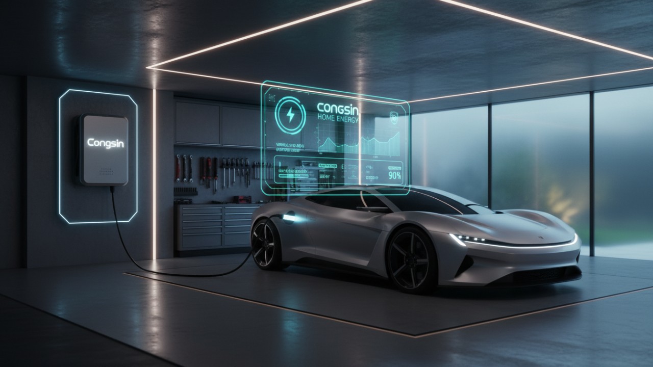 A futuristic garage scene with an electric vehicle connected to a Congsin smart charger using vehicle to grid technology.