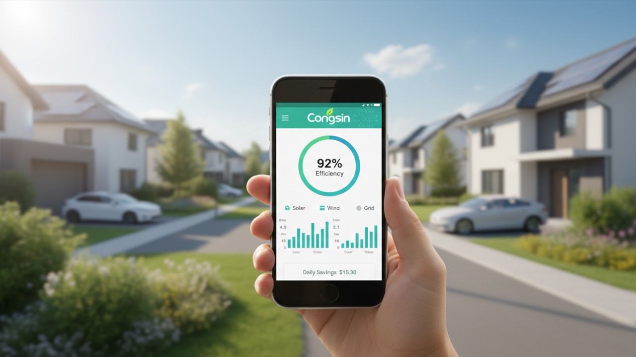 A hand holding a smartphone displaying the Congsin energy app with a green neighborhood background representing a sustainable future